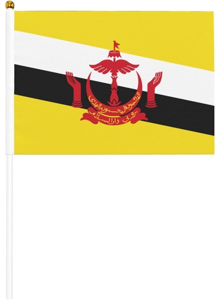 علم بروناي الوطني حجم A5 يدوي مع عصا – قماش بالألوان الأصفر والأبيض والأسود مع شعار أحمر – عبوة 5 قطع - Image 1